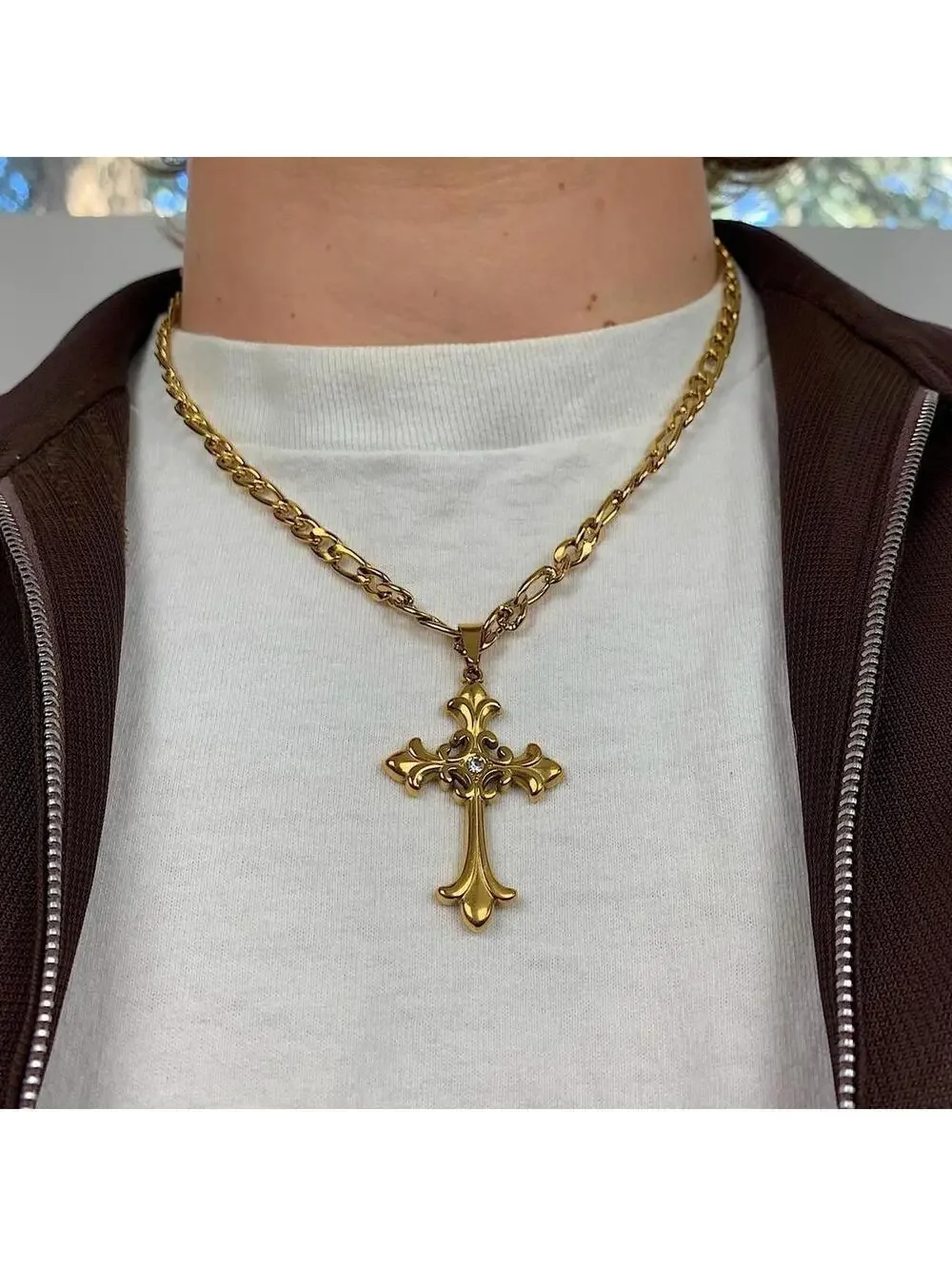 Y2k style Gold Figaro Big Gothic Rhinestone Cross Pendant Necklace. Stainless